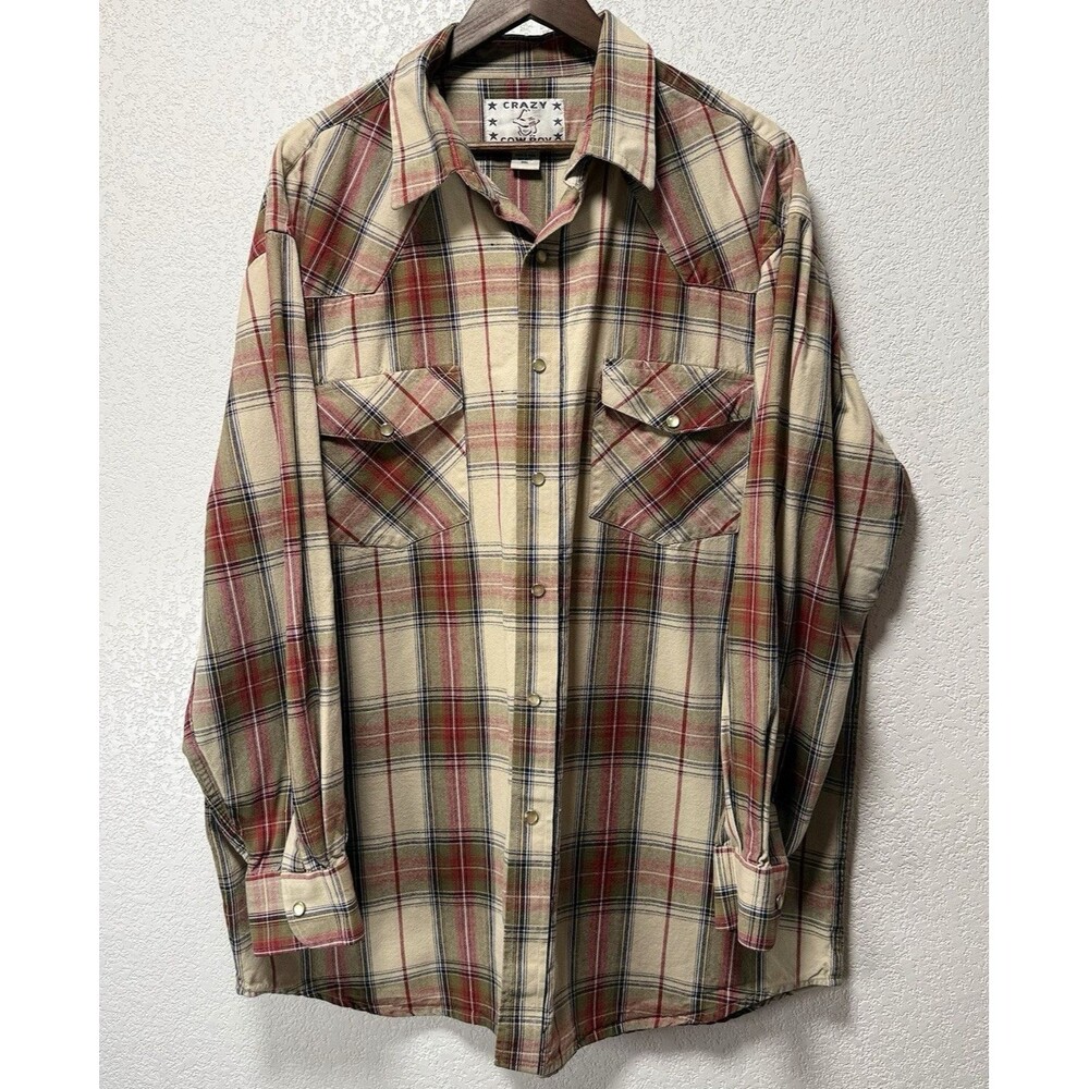 Crazy Cowboy Western Pearl Snap Plaid Shirt Men’s 3XL 100% Cotton Beige Red